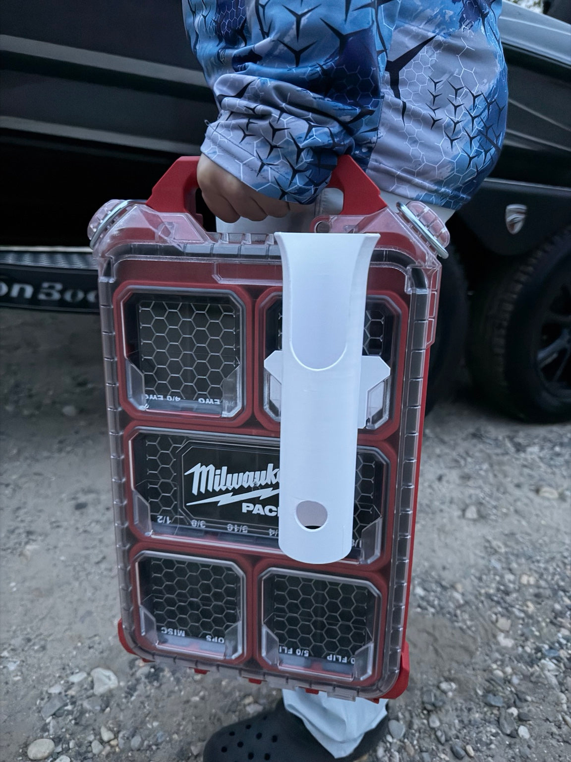 PACKOUT-compatible fishing rod holder mounted on tackle organizer without a rod